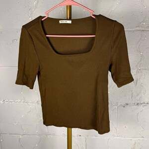 Marine Layer Women’s S Olive Brown Ribbed Square Neck Short Sleeve Top